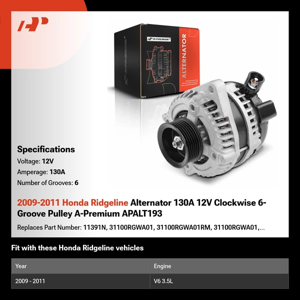 2009-2011 Honda Ridgeline Alternator 130A 12V Clockwise 6-Groove Pulley A-Premium APALT193