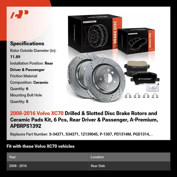 2008-2016 Volvo XC70 Drilled & Slotted Disc Brake Rotors and Ceramic Pads Kit, 6 Pcs, Rear Driver & Passenger, A-Premium, APBRPS1392