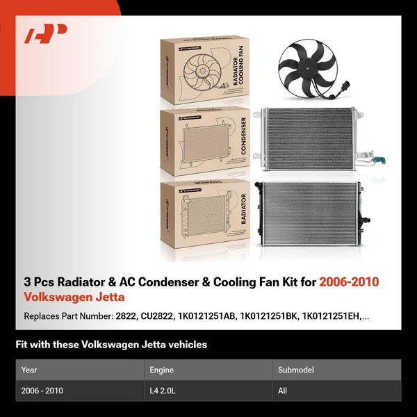 3 Pcs Radiator & AC Condenser & Cooling Fan Kit for 2006-2010 Volkswagen Jetta