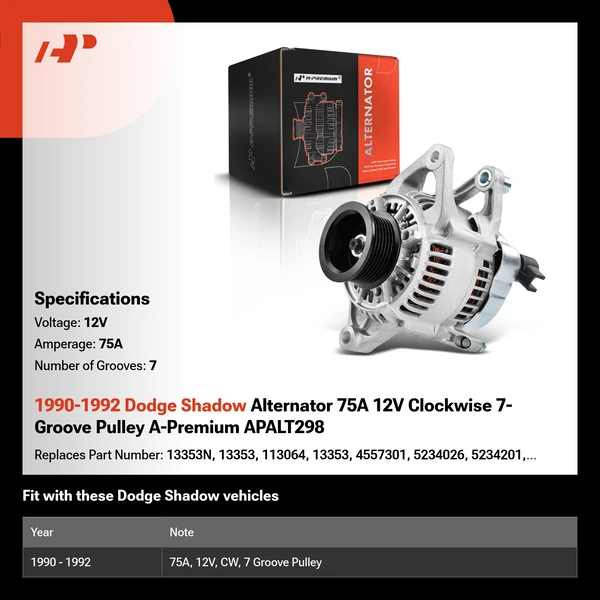 1990-1992 Dodge Shadow Alternator 75A 12V Clockwise 7-Groove Pulley A-Premium APALT298