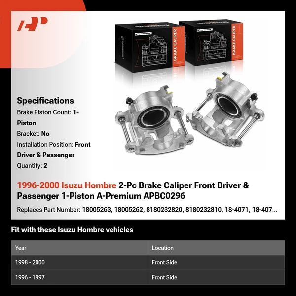 1996-2000 Isuzu Hombre 2-Pc Brake Caliper Front Driver & Passenger 1-Piston A-Premium APBC0296