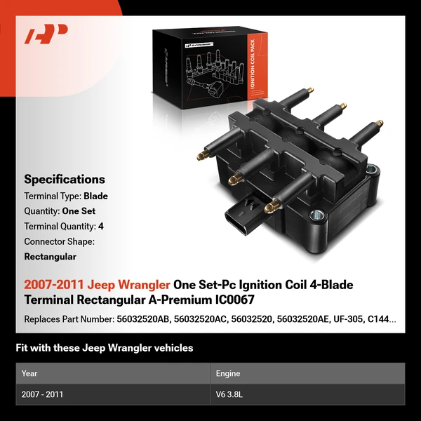 2007-2011 Jeep Wrangler One Set-Pc Ignition Coil 4-Blade Terminal Rectangular A-Premium IC0067