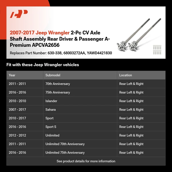 2007-2017 Jeep Wrangler 2-Pc CV Axle Shaft Assembly Rear Driver & Passenger A-Premium APCVA2656