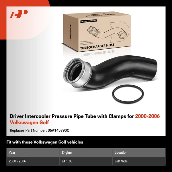 Driver Intercooler Pressure Pipe Tube with Clamps for 2000-2006 Volkswagen Golf