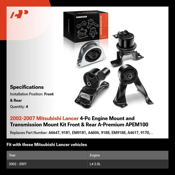 2002-2007 Mitsubishi Lancer 4-Pc Engine Mount and Transmission Mount Kit Front & Rear A-Premium APEM100
