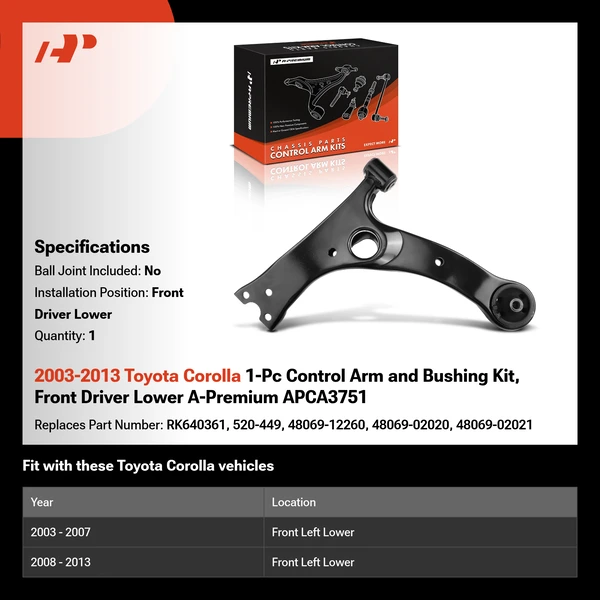 2003-2013 Toyota Corolla 1-Pc Control Arm and Bushing Kit, Front Driver Lower A-Premium APCA3751