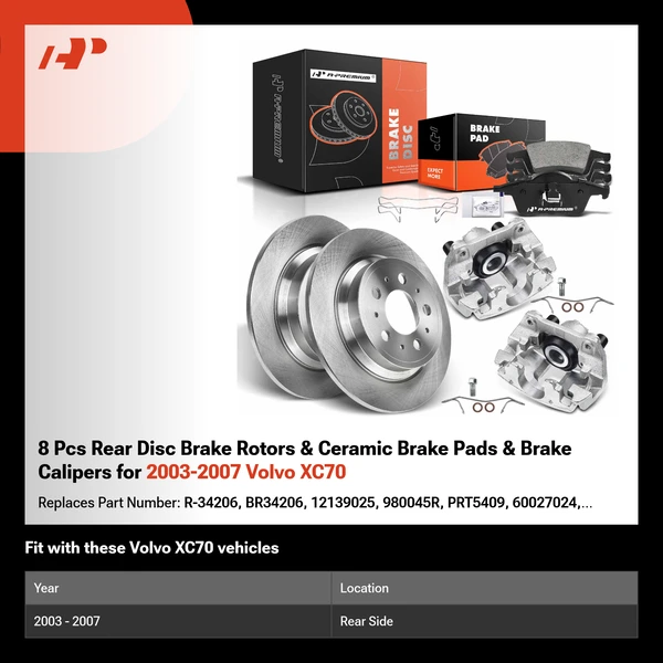 8 Pcs Rear Disc Brake Rotors & Ceramic Brake Pads & Brake Calipers for 2003-2007 Volvo XC70