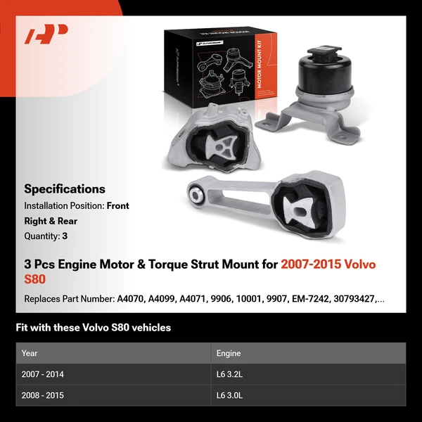 3 Pcs Engine Motor & Torque Strut Mount for 2007-2015 Volvo S80