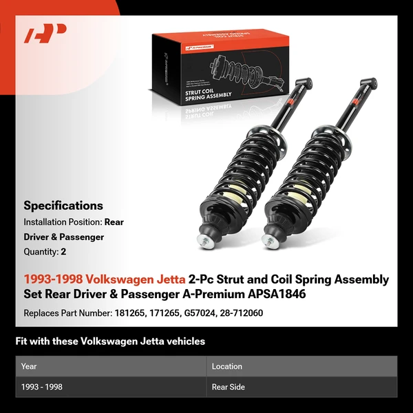 1993-1998 Volkswagen Jetta 2-Pc Strut and Coil Spring Assembly Set Rear Driver & Passenger A-Premium APSA1846