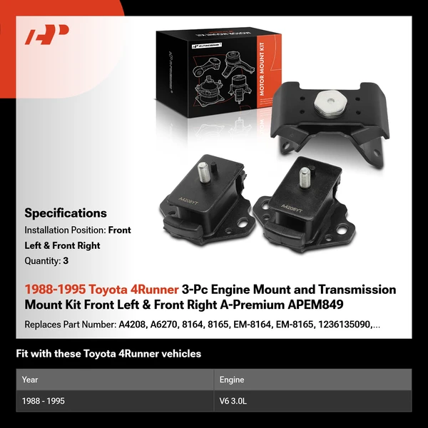 1988-1995 Toyota 4Runner 3-Pc Engine Mount and Transmission Mount Kit Front Left & Front Right A-Premium APEM849