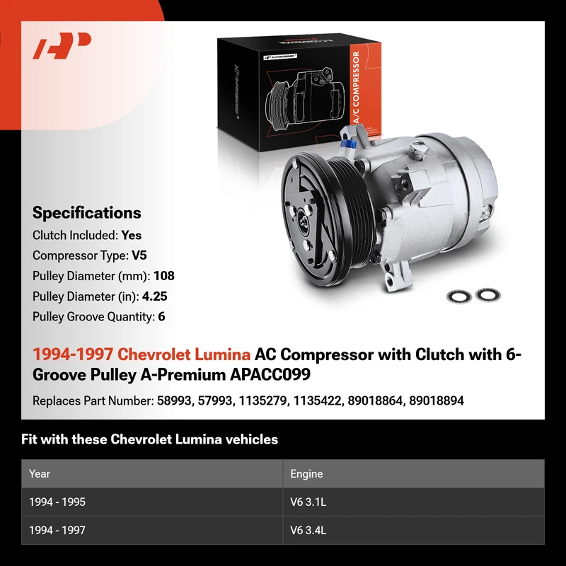 1994-1997 Chevrolet Lumina AC Compressor with Clutch with 6-Groove Pulley A-Premium APACC099