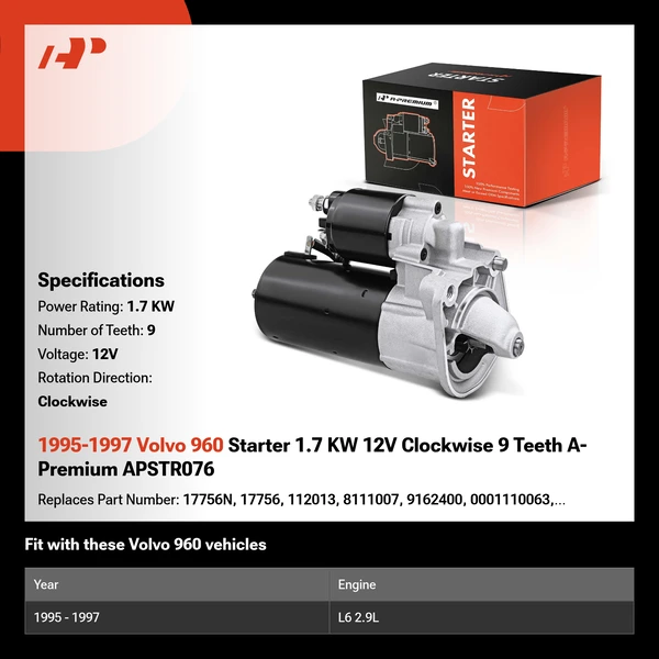 1995-1997 Volvo 960 Starter 1.7 KW 12V Clockwise 9 Teeth A-Premium APSTR076