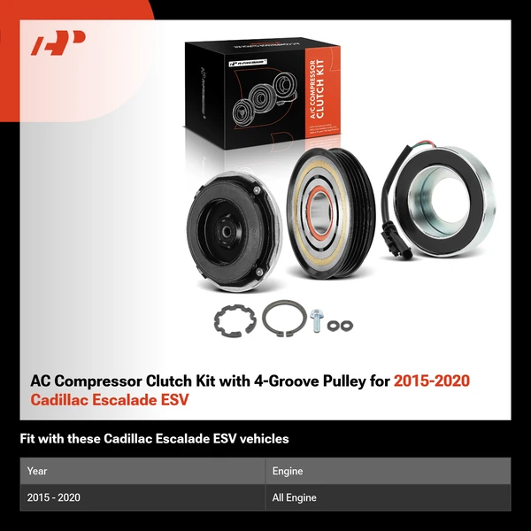 AC Compressor Clutch Kit with 4-Groove Pulley for 2015-2020 Cadillac Escalade ESV