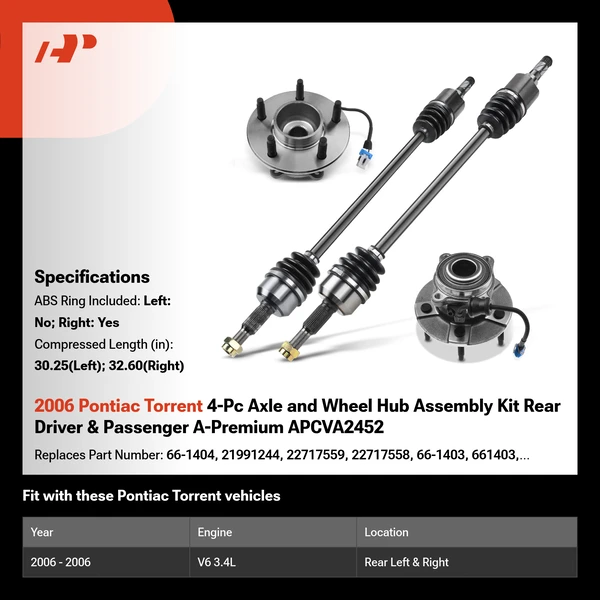2006 Pontiac Torrent 4-Pc Axle and Wheel Hub Assembly Kit Rear Driver & Passenger A-Premium APCVA2452
