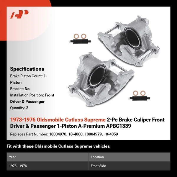 1973-1976 Oldsmobile Cutlass Supreme 2-Pc Brake Caliper Front Driver & Passenger 1-Piston A-Premium APBC1339