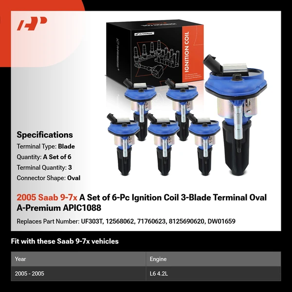 2005 Saab 9-7x A Set of 6-Pc Ignition Coil 3-Blade Terminal Oval A-Premium APIC1088