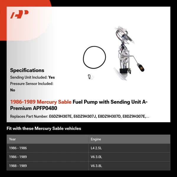 1986-1989 Mercury Sable Fuel Pump with Sending Unit A-Premium APFP0480