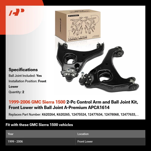 1999-2006 GMC Sierra 1500 2-Pc Control Arm and Ball Joint Kit, Front Lower with Ball Joint A-Premium APCA1614