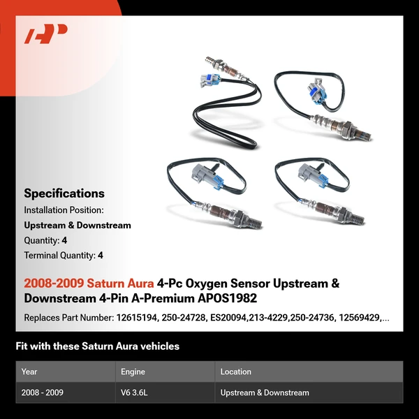 2008-2009 Saturn Aura 4-Pc Oxygen Sensor Upstream & Downstream 4-Pin A-Premium APOS1982