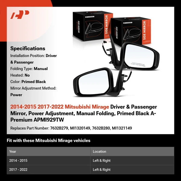 2014-2015 2017-2022 Mitsubishi Mirage Driver & Passenger Mirror, Power Adjustment, Manual Folding, Primed Black A-Premium APMI929TW