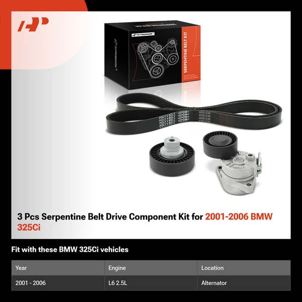 3 Pcs Serpentine Belt Drive Component Kit for 2001-2006 BMW 325Ci