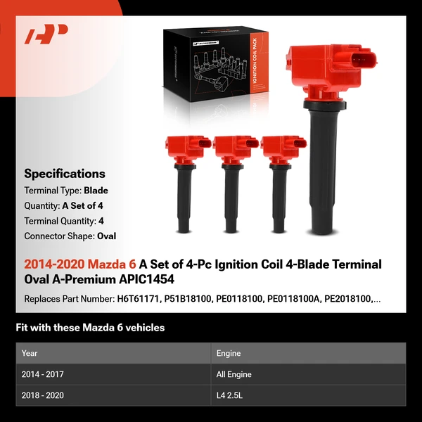 2014-2020 Mazda 6 A Set of 4-Pc Ignition Coil 4-Blade Terminal Oval A-Premium APIC1454