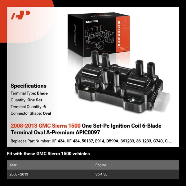 2008-2013 GMC Sierra 1500 One Set-Pc Ignition Coil 6-Blade Terminal Oval A-Premium APIC0097