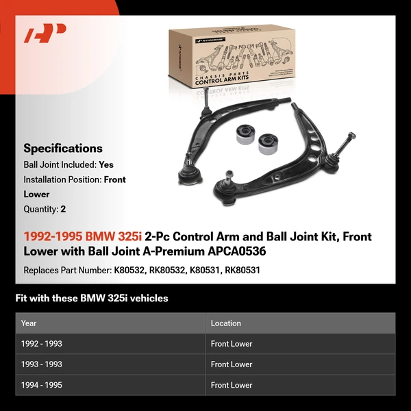1992-1995 BMW 325i 2-Pc Control Arm and Ball Joint Kit, Front Lower with Ball Joint A-Premium APCA0536