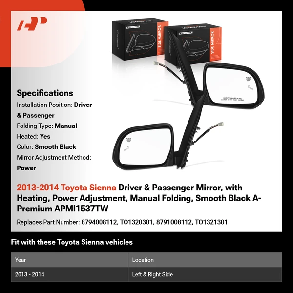 2013-2014 Toyota Sienna Driver & Passenger Mirror, with Heating, Power Adjustment, Manual Folding, Smooth Black A-Premium APMI1537TW