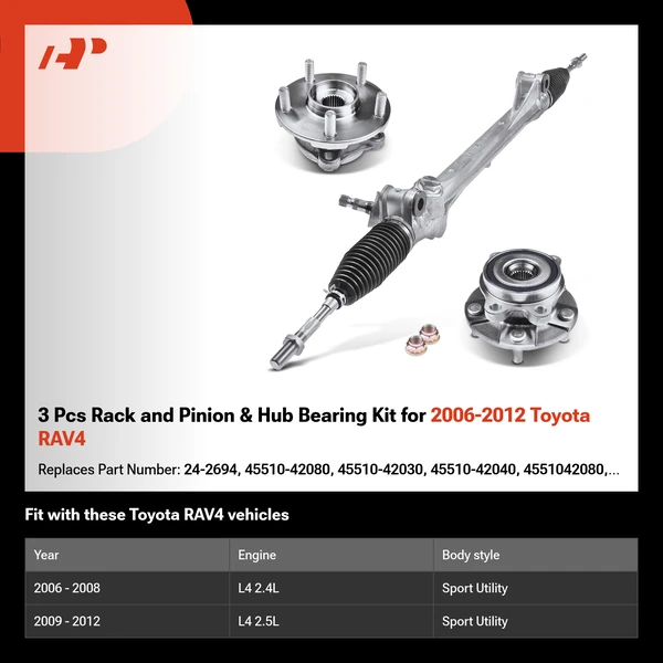 3 Pcs Rack and Pinion & Hub Bearing Kit for 2006-2012 Toyota RAV4
