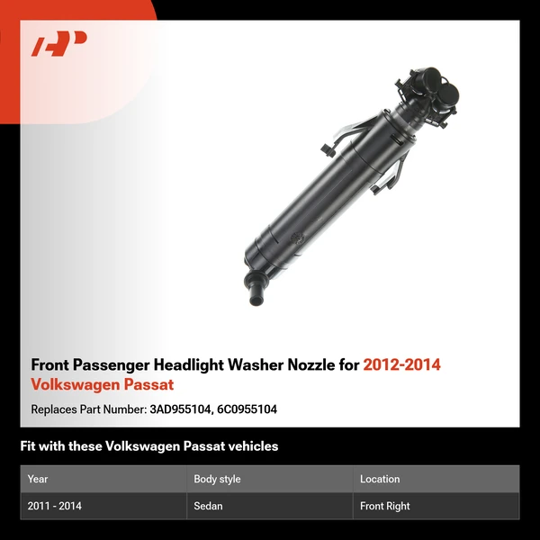 Front Passenger Headlight Washer Nozzle for 2012-2014 Volkswagen Passat