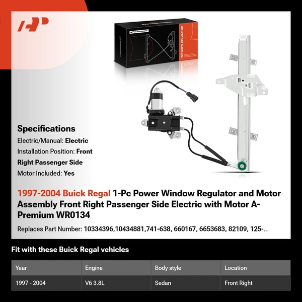 1997-2004 Buick Regal 1-Pc Power Window Regulator and Motor Assembly Front Right Passenger Side Electric with Motor A-Premium WR0134