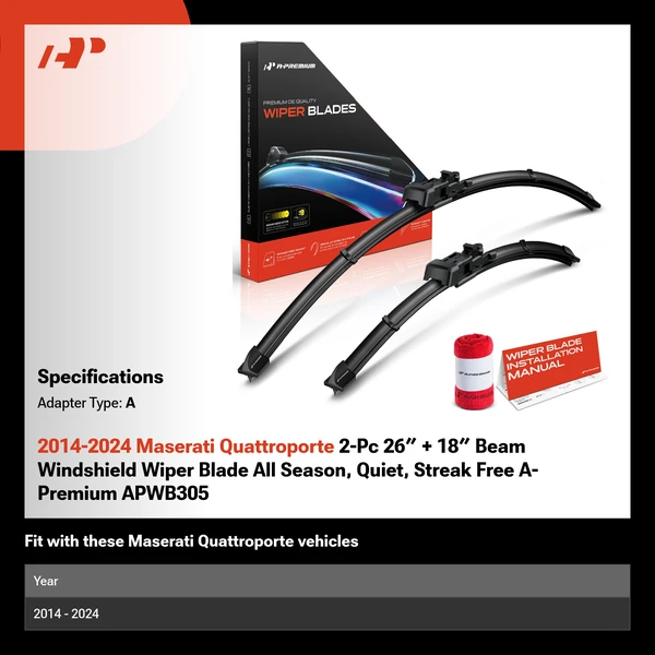 2014-2024 Maserati Quattroporte 2-Pc 26″ + 18″ Beam Windshield Wiper Blade All Season, Quiet, Streak Free A-Premium APWB305