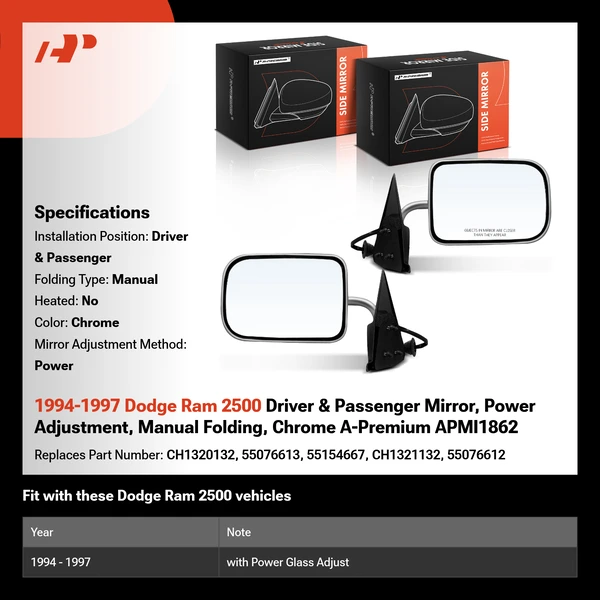 1994-1997 Dodge Ram 2500 Driver & Passenger Mirror, Power Adjustment, Manual Folding, Chrome A-Premium APMI1862