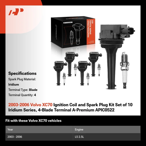 2003-2006 Volvo XC70 Ignition Coil and Spark Plug Kit Set of 10 Iridium Series, 4-Blade Terminal A-Premium APIC0522