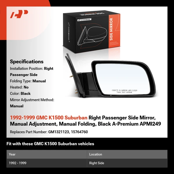1992-1999 GMC K1500 Suburban Right Passenger Side Mirror, Manual Adjustment, Manual Folding, Black A-Premium APMI249