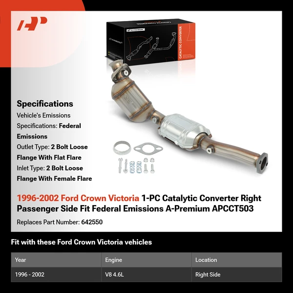 1996-2002 Ford Crown Victoria 1-PC Catalytic Converter Right Passenger Side Fit Federal Emissions A-Premium APCCT503