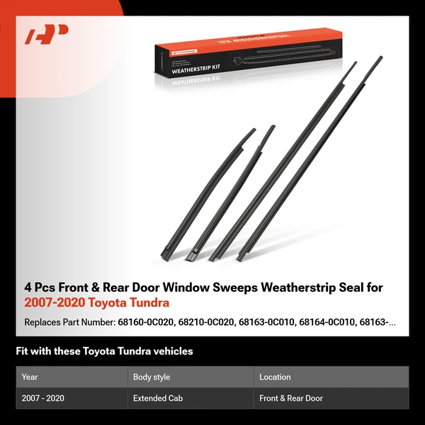 4 Pcs Front & Rear Door Window Sweeps Weatherstrip Seal for 2007-2020 Toyota Tundra