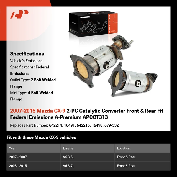 2007-2015 Mazda CX-9 2-PC Catalytic Converter Front & Rear Fit Federal Emissions A-Premium APCCT313