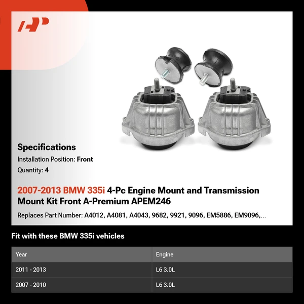2007-2013 BMW 335i 4-Pc Engine Mount and Transmission Mount Kit Front A-Premium APEM246