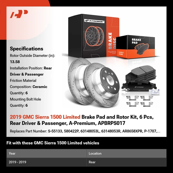 2019 GMC Sierra 1500 Limited Brake Pad and Rotor Kit, 6 Pcs, Rear Driver & Passenger, A-Premium, APBRPS017