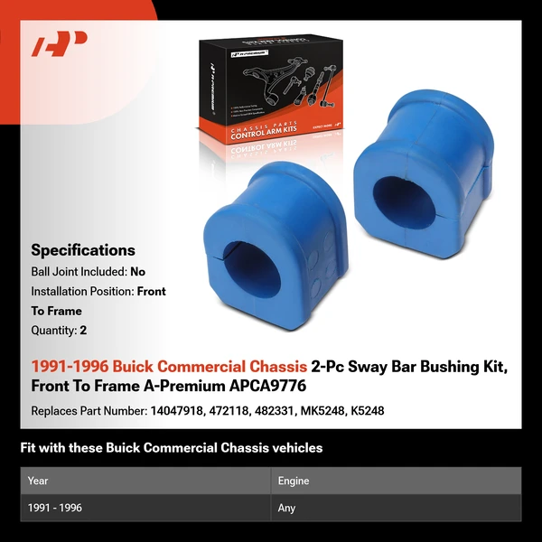 1991-1996 Buick Commercial Chassis 2-Pc Sway Bar Bushing Kit, Front To Frame A-Premium APCA9776