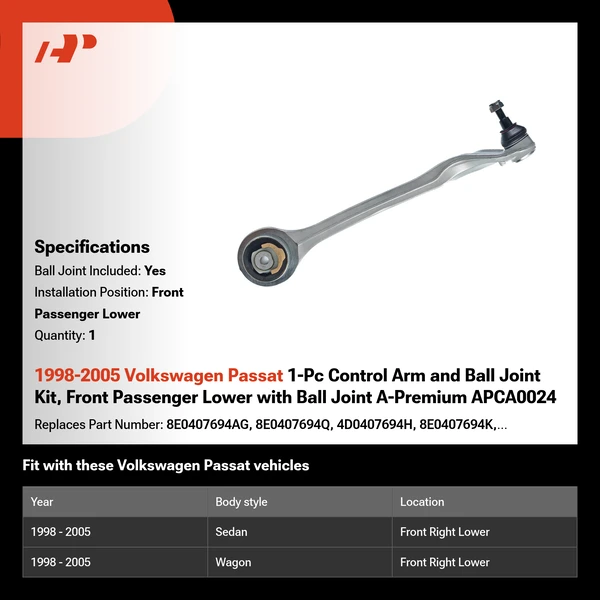 1998-2005 Volkswagen Passat 1-Pc Control Arm and Ball Joint Kit, Front Passenger Lower with Ball Joint A-Premium APCA0024