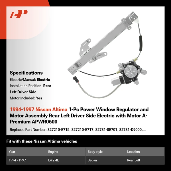 1994-1997 Nissan Altima 1-Pc Power Window Regulator and Motor Assembly Rear Left Driver Side Electric with Motor A-Premium APWR0600