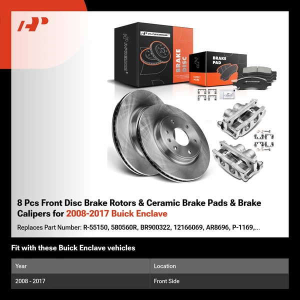 8 Pcs Front Disc Brake Rotors & Ceramic Brake Pads & Brake Calipers for 2008-2017 Buick Enclave