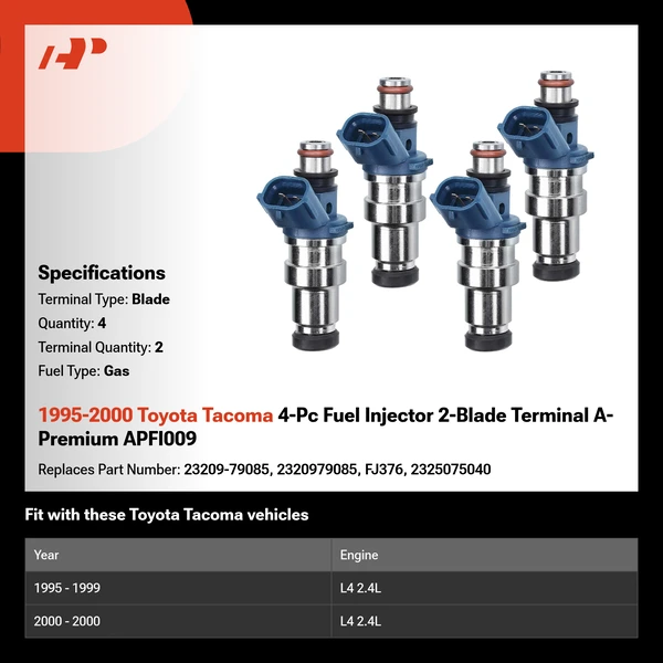 1995-2000 Toyota Tacoma 4-Pc Fuel Injector 2-Blade Terminal A-Premium APFI009