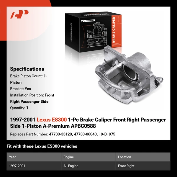 1997-2001 Lexus ES300 1-Pc Brake Caliper Front Right Passenger Side 1-Piston A-Premium APBC0588