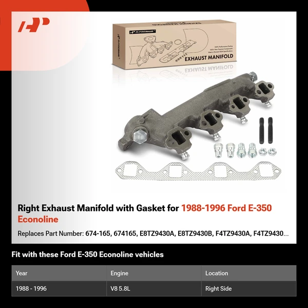 Right Exhaust Manifold with Gasket for 1988-1996 Ford E-350 Econoline
