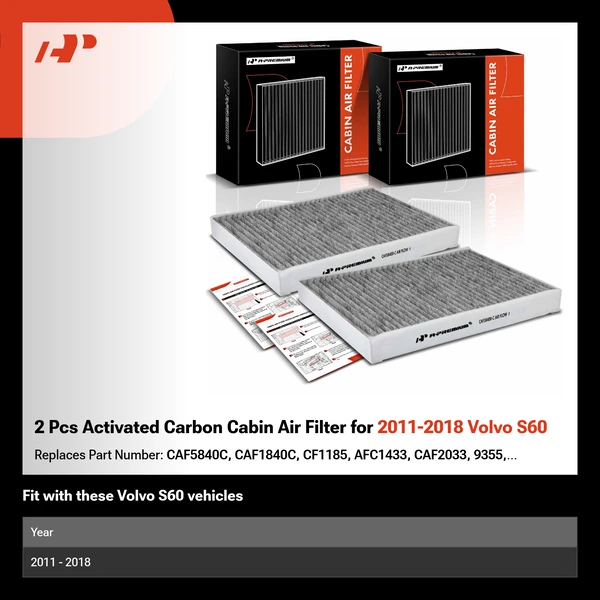 2 Pcs Activated Carbon Cabin Air Filter for 2011-2018 Volvo S60