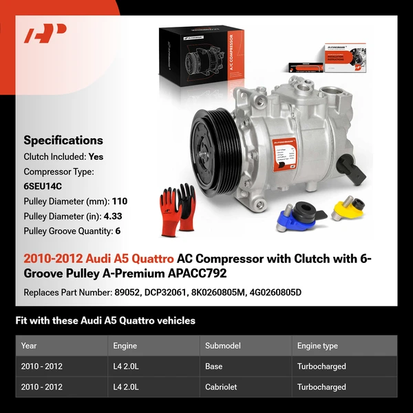 2010-2012 Audi A5 Quattro AC Compressor with Clutch with 6-Groove Pulley A-Premium APACC792